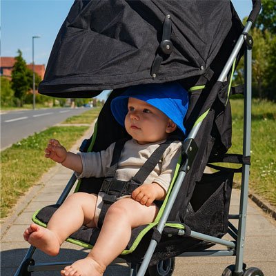 Pare soleil  poussette​ noir bébé assis dans sa poussette
