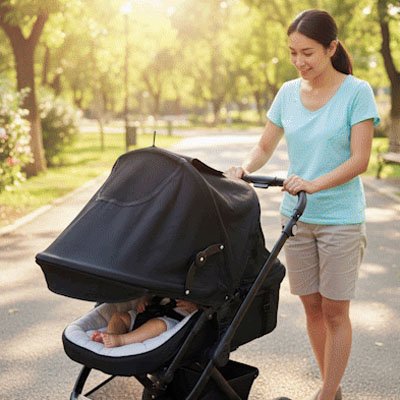 Pare soleil  poussette​ noir maman marche avec son bébé dans la poussette