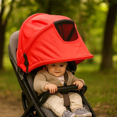 Pare soleil  poussette​ rouge bébé bien confortable dans sa poussette