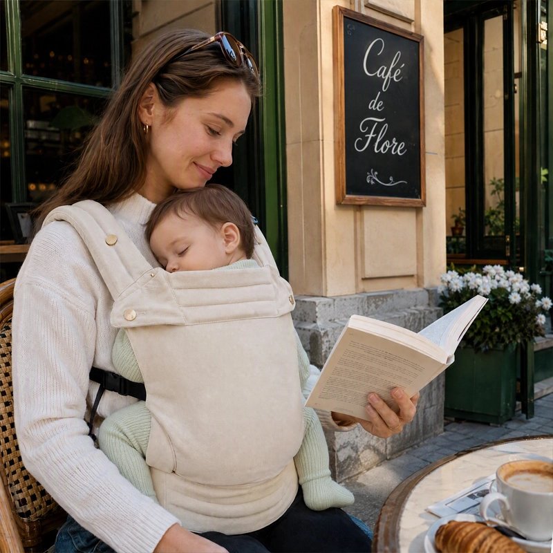 Porte bebe beige maman prend un café en lisant son roman