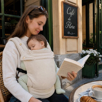 Porte bebe beige maman prend un café en lisant son roman