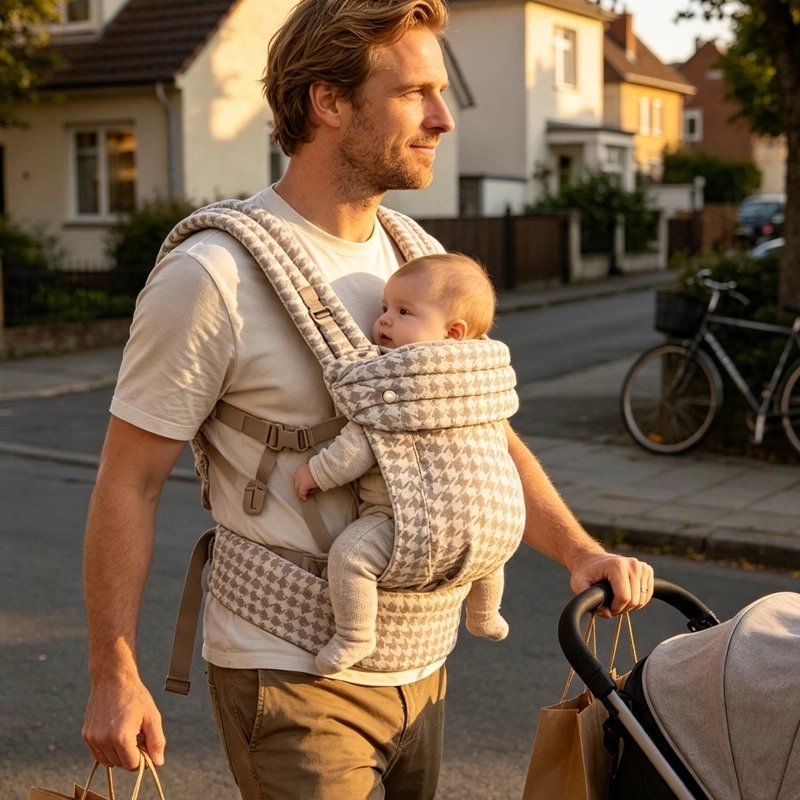 Porte bebe beige papa dans la rue avec son enfant en sécurité