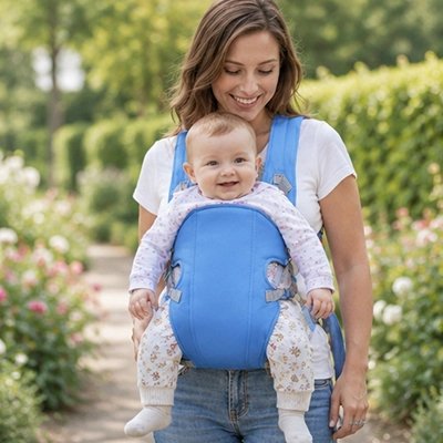 Porte bebe bleu, bébé acompagné de sa maman dans un jardin
