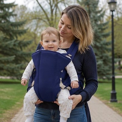 Porte bebe bleu foncé, maman se promène avec son bébé