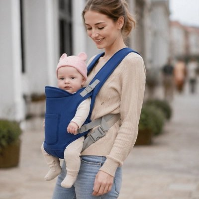 Porte bébé bleu, maman porte son bébé face à l'avant