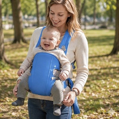 Porte bebe bleu, maman qui porte son bébé tout souriant face avant