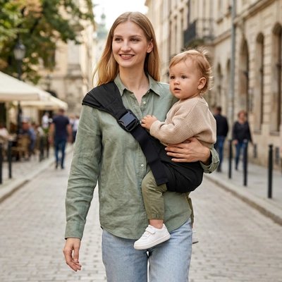 Porte bébé en tissu noir bébé confortable dans son porte bébé avec sa maman dans la rue