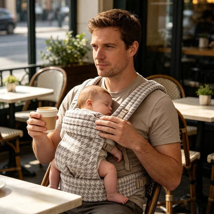 Porte bebe gris bebe qui dort tranquillement sur son papa assis dans un café