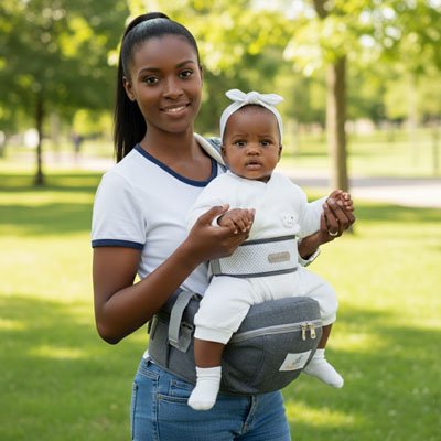 Porte bebe  gris, bébé se balade au parc avec sa maman