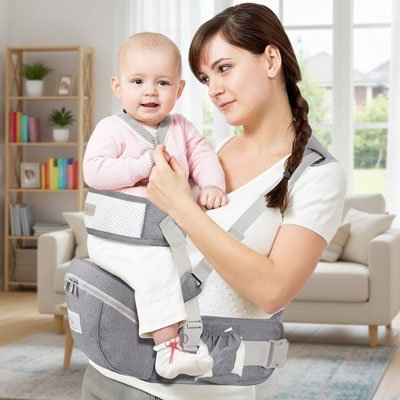 Porte bebe gris clair, maman portant bébé dans son salon