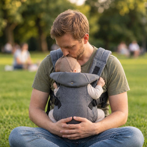 Porte bebe  gris clair papa assis dans les gazons avec son enfant
