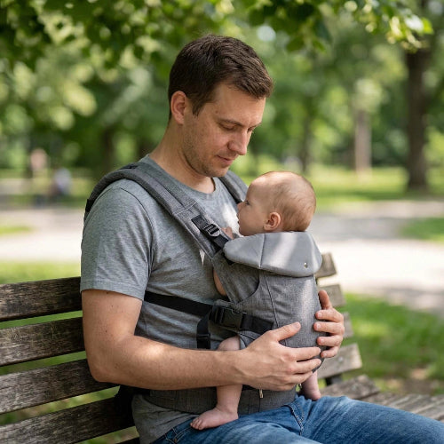 Porte bebe gris clair, papa assis sur un banc au parc avec son enfant