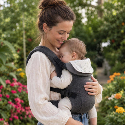 Porte bebe gris foncé, bébé confortable contre sa maman