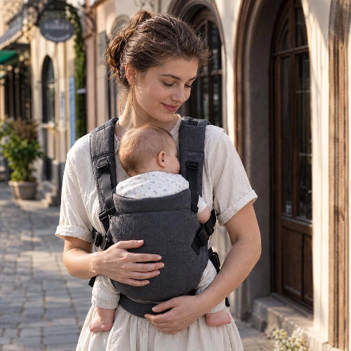Porte bebe gris foncé maman dans la rue avec son enfant contre elle