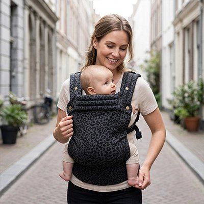 Porte bebe gris leopard, bébé en sécurité dans la rue avec sa maman souriante