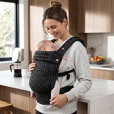 Porte bebe gris leopard, bebe qui dort tranquillement contre sa maman dans la cuisine