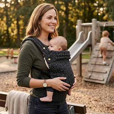 Porte bebe gris leopard, bebe trés confortable avec sa maman au parc 