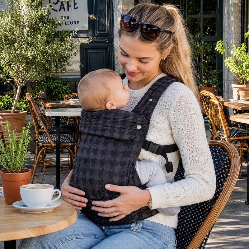 Porte bebe noir maman assise dans un café avec son enfant 