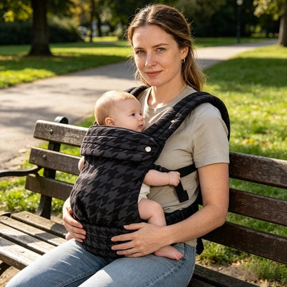 Porte bebe noir maman assise sur un banc au parc