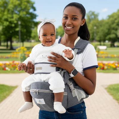 Porte bebe gris, maman au parc avec son bébé