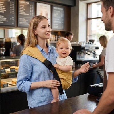 Porte bébé jaune maman à la pâtisserie avec son bébé