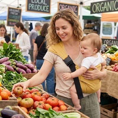 Porte bébé jaune, maman portant son bébé en faisant son marché