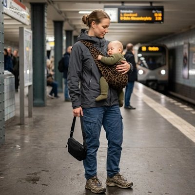 Porte bebe léopard, maman dans un quai du métro avec son bébé qui dort confortablement