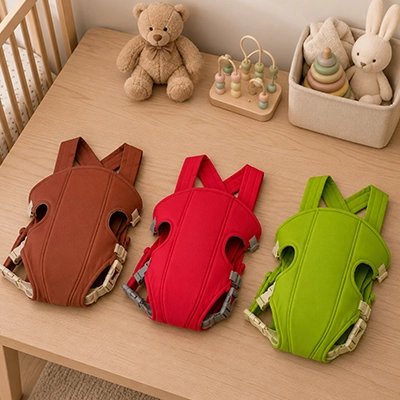 Porte bebe marron, rouge et vert exposés sur une table