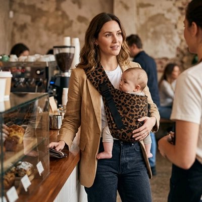 Porte bebe motif léopard, maman porte bébé dans un café