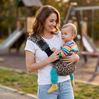 Porte bebe motif léopard, maman toute souriante portant son bébé en sécurité