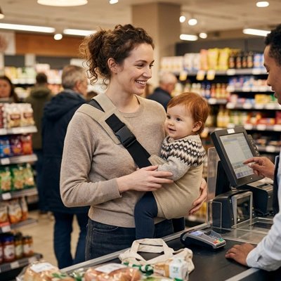 Porte bebe noir beige, bébé confortable dans son porte bébé accompagné de sa maman à la caisse 