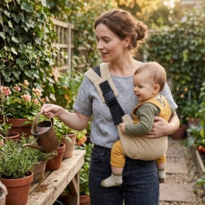 Porte bebe noir beige, maman arrosant les plantes avec son bébé