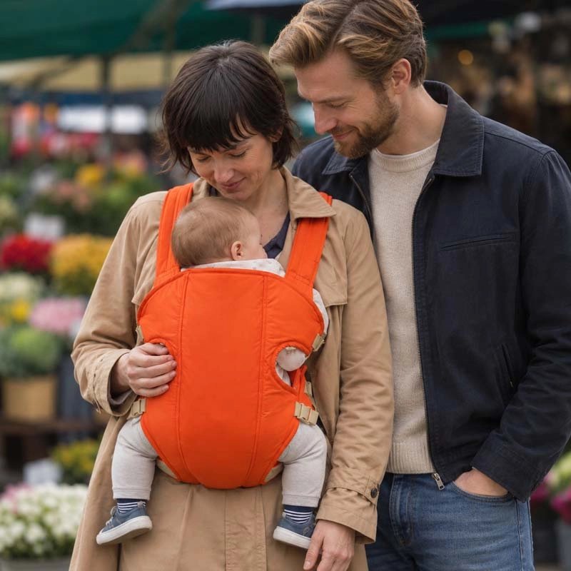 Porte bebe orange les parents au marché des fleurs avec leur enfant