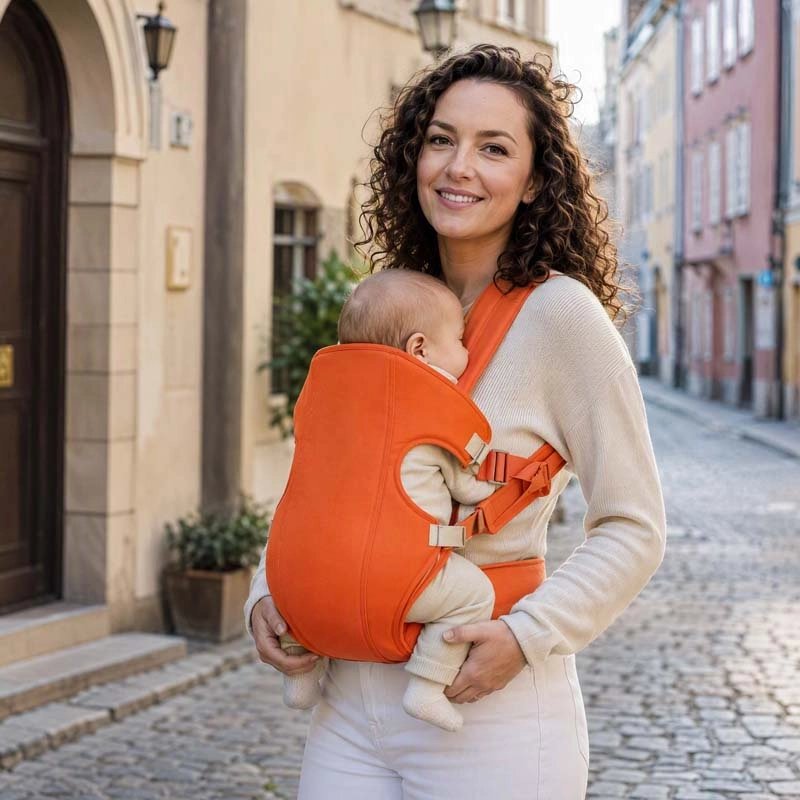 Porte bebe orange maman dans la rue avec son enfant 