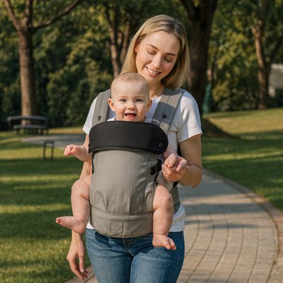 Porte bébé physiologique gris,  dans en balade dans un parc avec son bébé