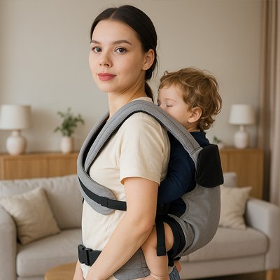 Porte bébé physiologique gris maman porte son bébé au dos confortablement