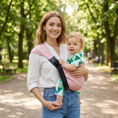 Porte bébé rose, maman avec son bébé parc