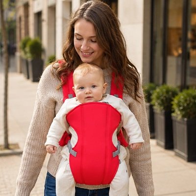 Porte bebe rouge, bébé confortable face à l'avant avec sa maman dans la rue