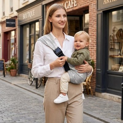 Porte bébé tissu plume bébé en sécurité avec sa maman dans la rue 