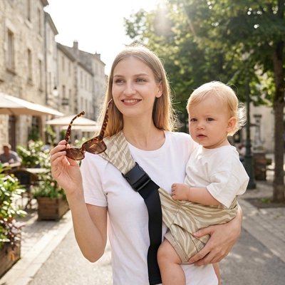 Porte bébé  tissu Zèbre jaune, maman dans une rue ensoleillé avec son bébé