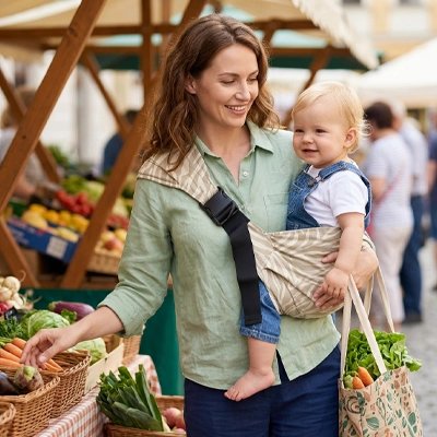 Porte bébé  tissuzèbre jaune, maman au marche achetant des légumes avec son bébé