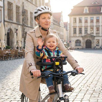 Porte bebe velo  noir, bébé souriant qui fait un signe de la main avec sa maman 
