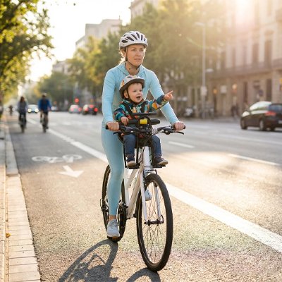 Porte bebe velo noir, maman qui pédale sur la piste cylclable avec son bébé