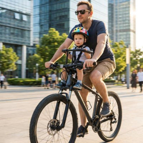 Porte bebe velo  gris noir bébé bien en sécurité avec son papa