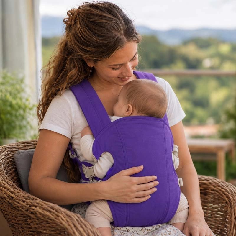 Porte bebe violet maman assise au balcon avec son enfant