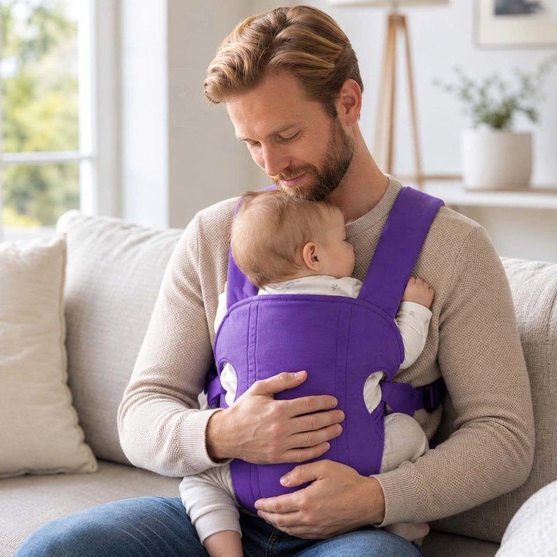 Porte bebe violet papa assis au salon avec son bebe contre lui