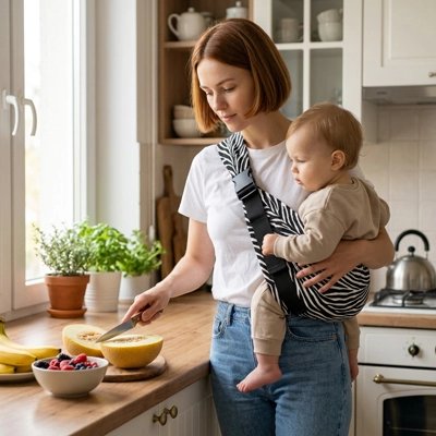 Porte bebe zèbre, maman à la cuisine coupant le melon en sécurité avec son bébé