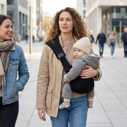 Porte bebe noir maman avec son enfant marchent dans la rue accompagne de sa copine