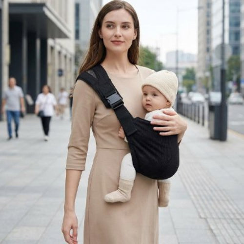 Porte bebe noir maman et son enfant regargent face à la caméra
