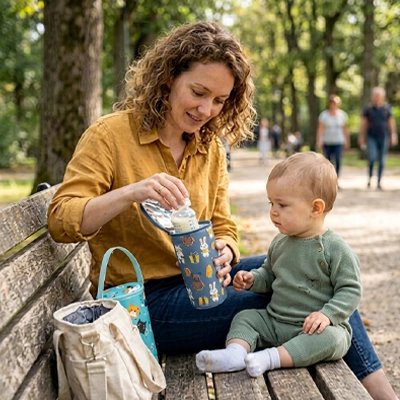 Porte biberon 2 maman assis sur un banc avec bébé sort le biberon du sac